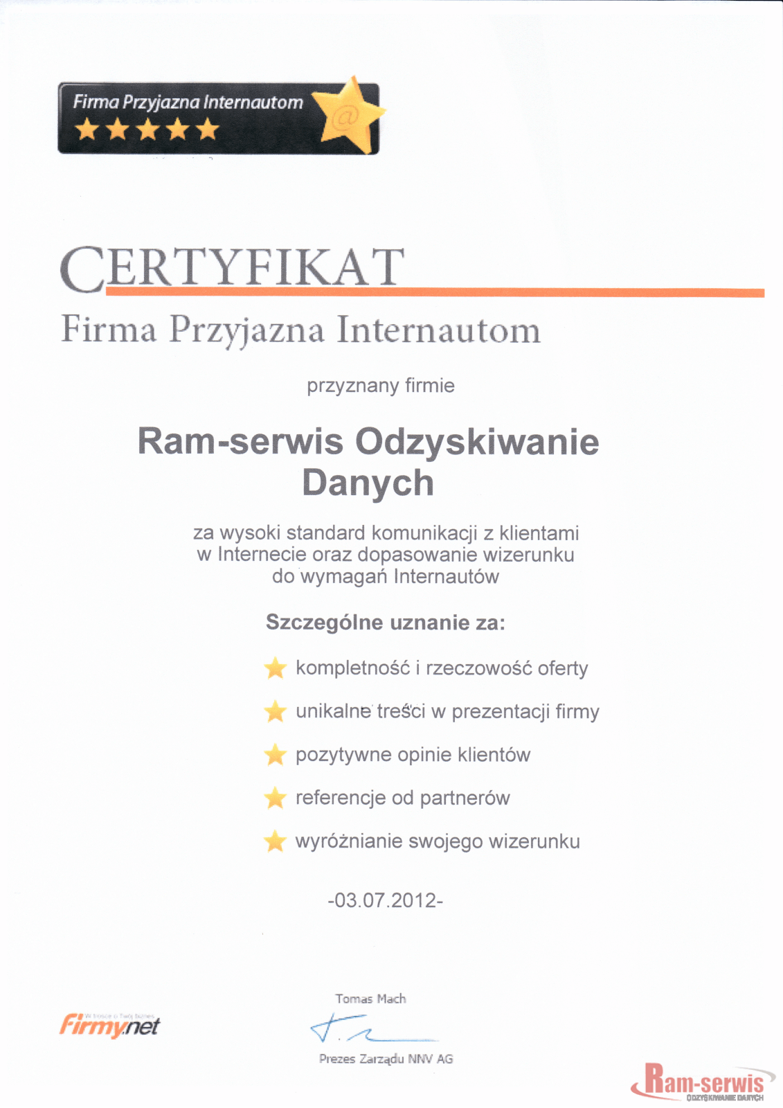 Certyfikat "Firma Przyjazna Internautom"