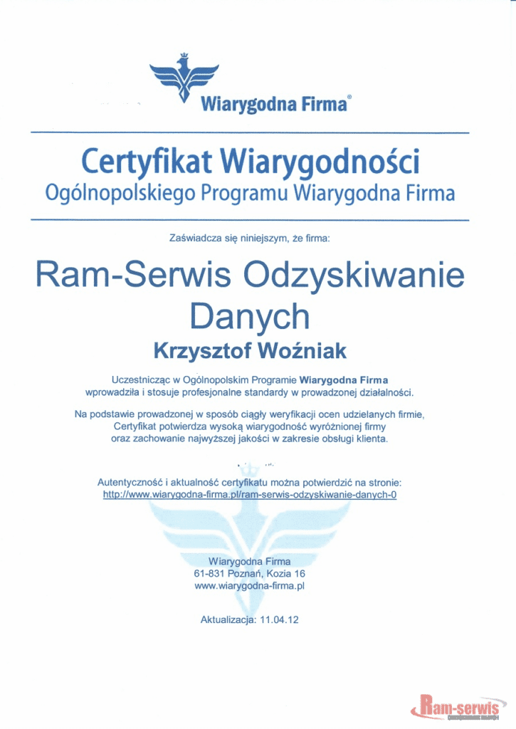 Ram-serwis Odzyskiwanie Danych otrzymała Certyfikat Wiarygodna Firma